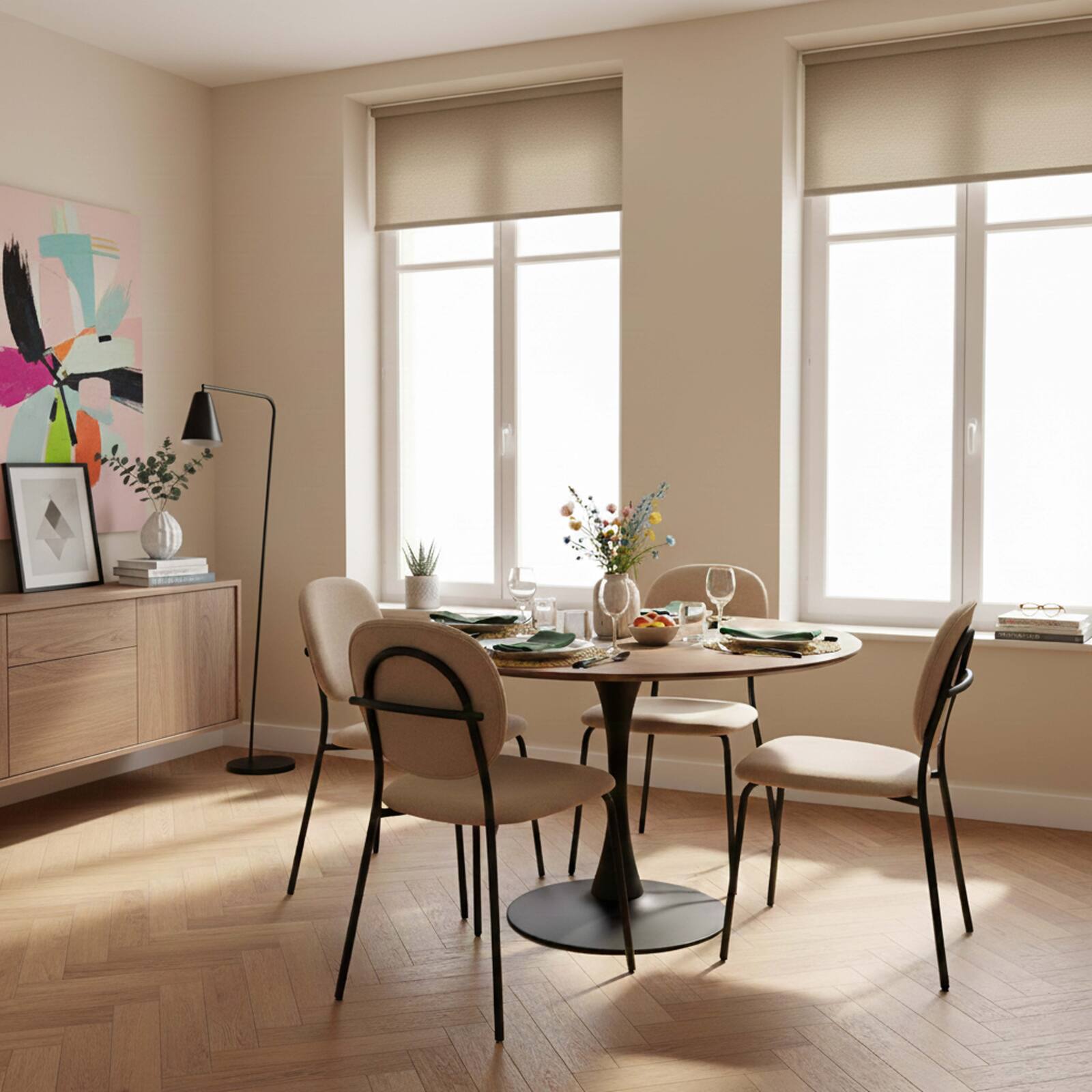 Esstisch rund, aus Metall und Holzfurnier, für 4 Personen