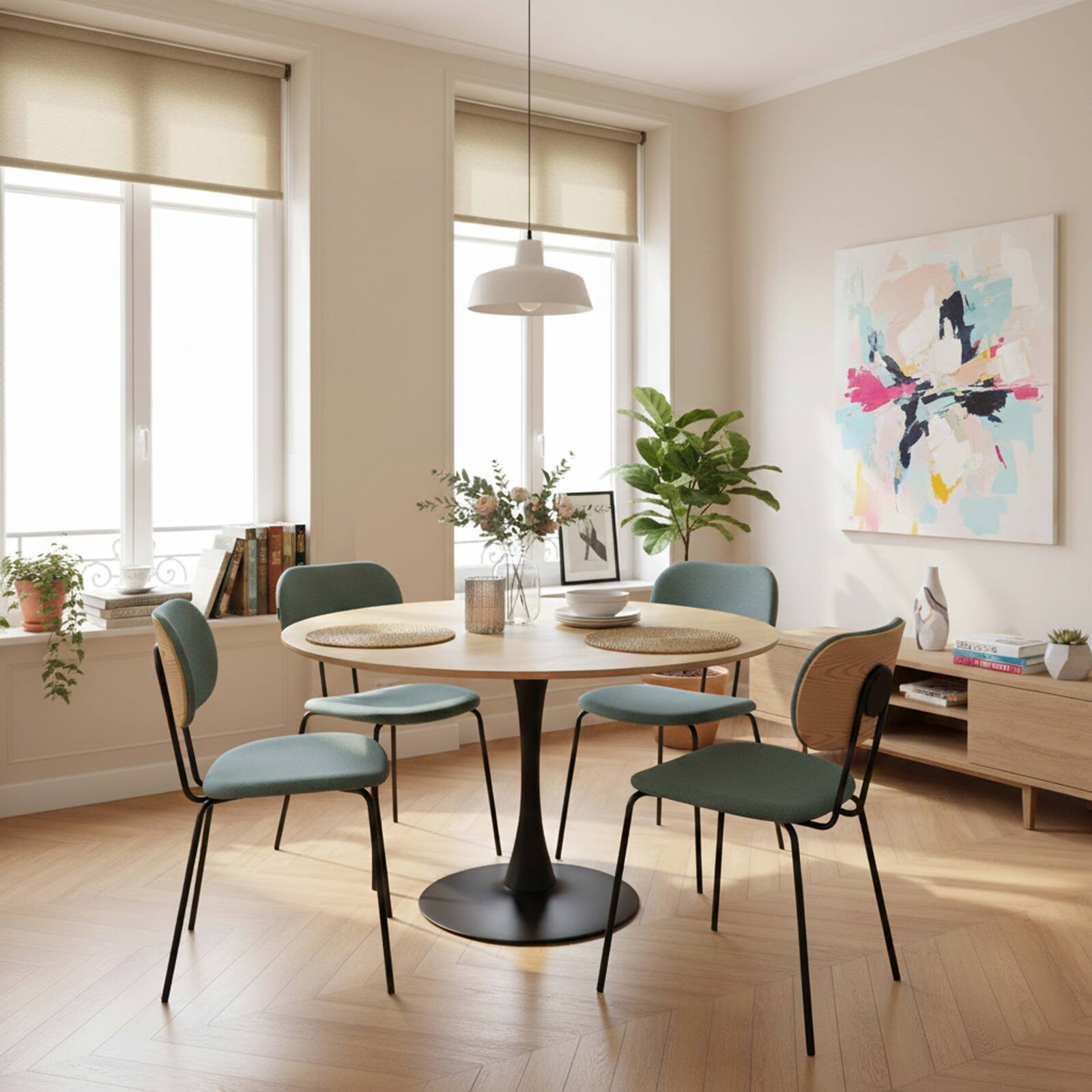 Esstisch rund, aus Metall und Holzfurnier, für 4 Personen