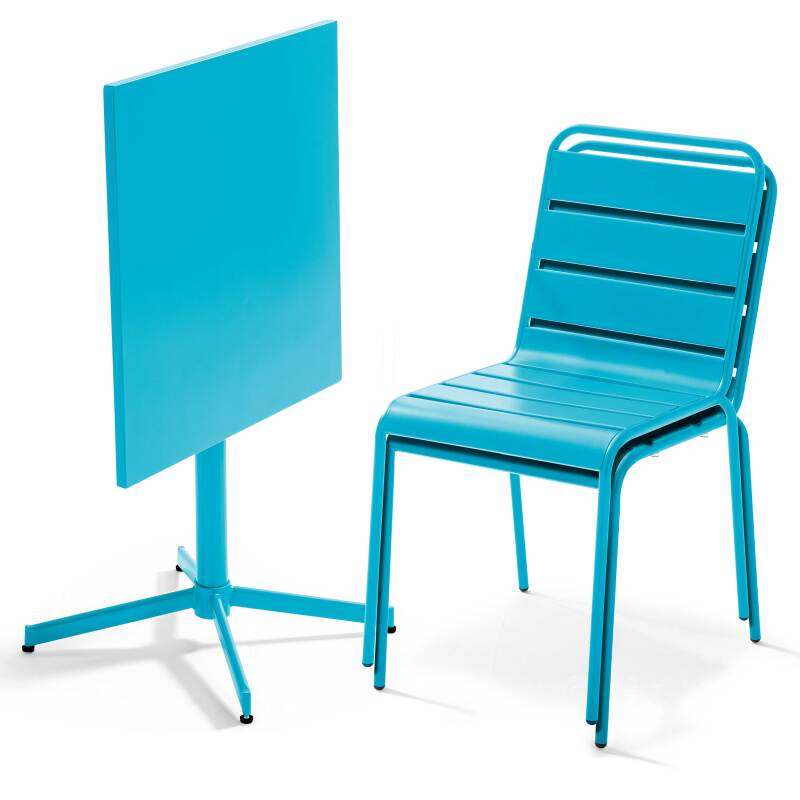 Gartentisch im Bistro-Stil, quadratisch, neigbar, aus Metall, 70x70 cm, und 2 Stühle 