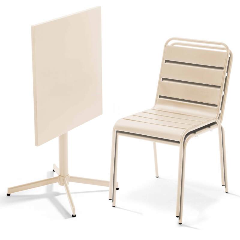 Gartentisch im Bistro-Stil, quadratisch, neigbar, aus Metall, 70x70 cm, und 2 Stühle 