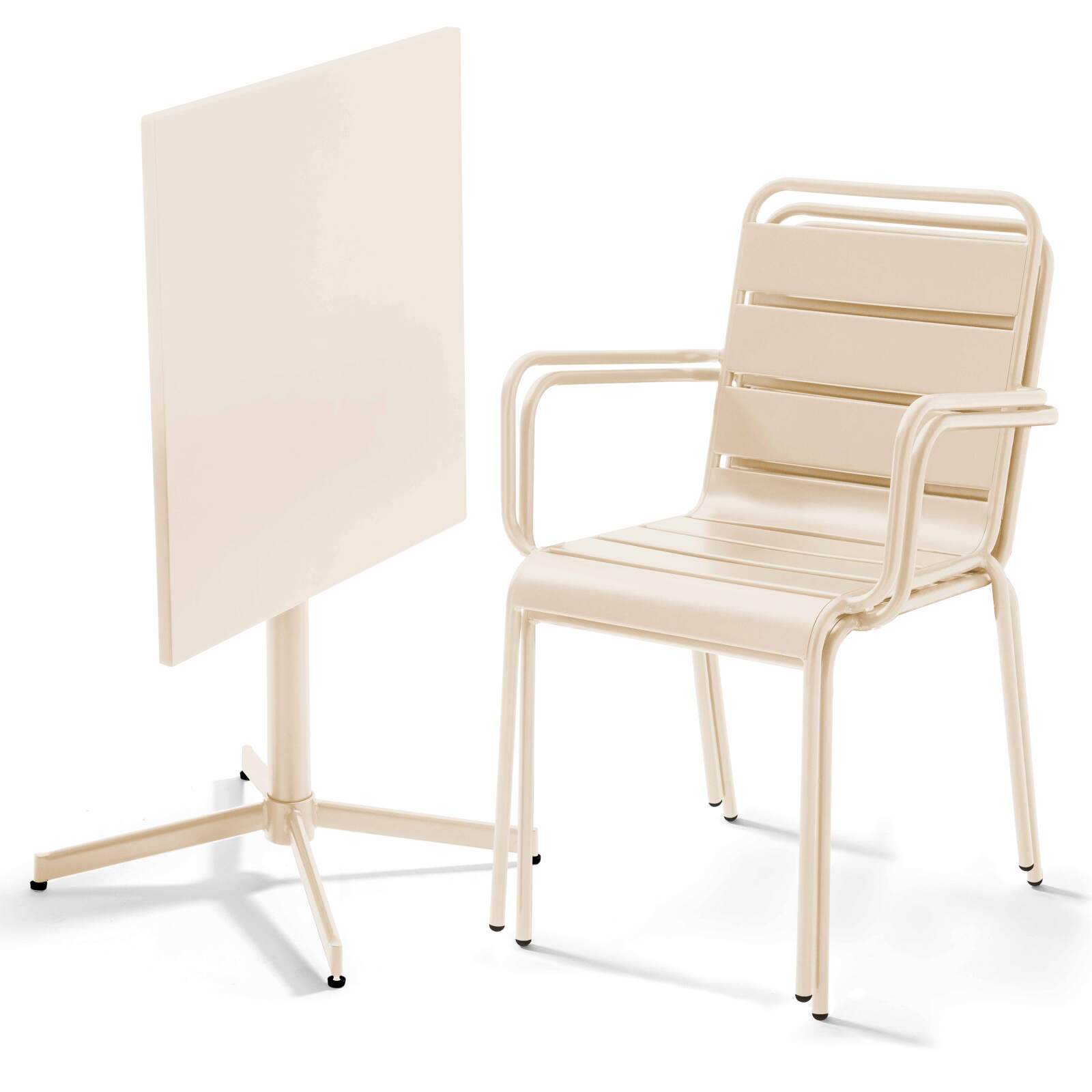 Gartentisch im Bistro-Stil, quadratisch, neigbar, aus Metall, 70x70 cm, und 2 Stühle mit Armlehnen