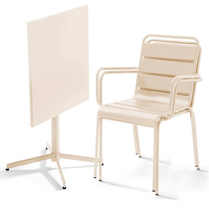 Gartentisch im Bistro-Stil, quadratisch, neigbar, aus Metall, 70x70 cm, und 2 Stühle mit Armlehnen