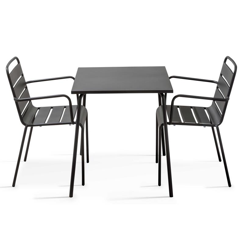 Quadratischer Bistrot-Gartentisch 70 x 70 cm und 2 Metallstühle mit Armlehnen 