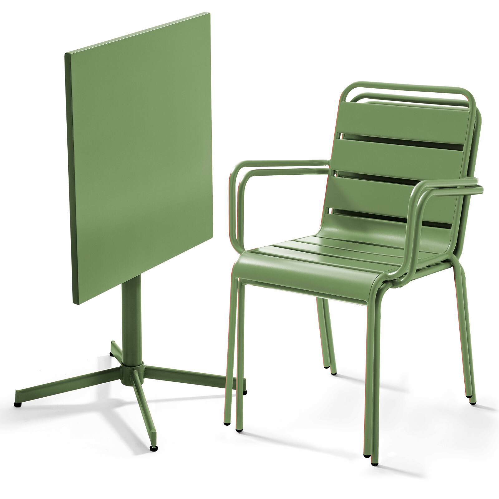 Gartentisch im Bistro-Stil, quadratisch, neigbar, aus Metall, 70x70 cm, und 2 Stühle mit Armlehnen