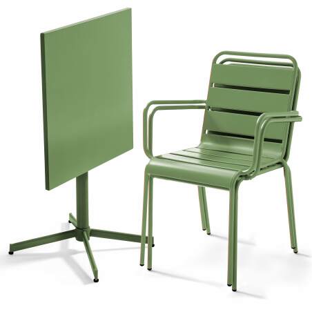 Gartentisch im Bistro-Stil, quadratisch, neigbar, aus Metall, 70x70 cm, und 2 Stühle mit Armlehnen