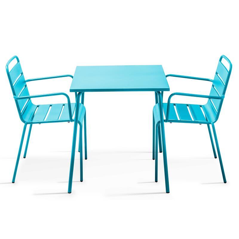 Quadratischer Bistrot-Gartentisch 70 x 70 cm und 2 Metallstühle mit Armlehnen 