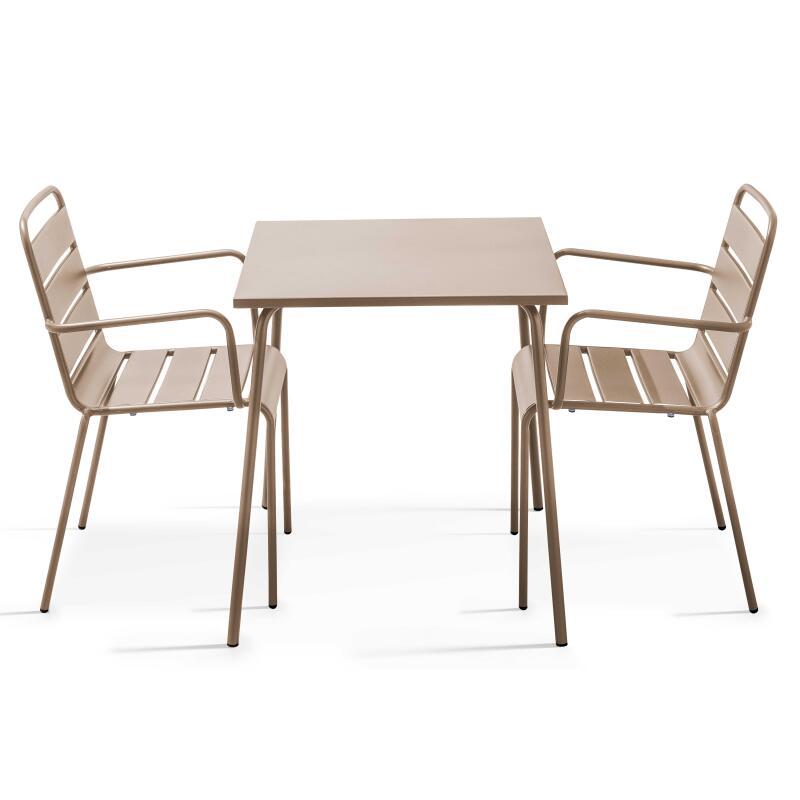 Quadratischer Bistrot-Gartentisch 70 x 70 cm und 2 Metallstühle mit Armlehnen 