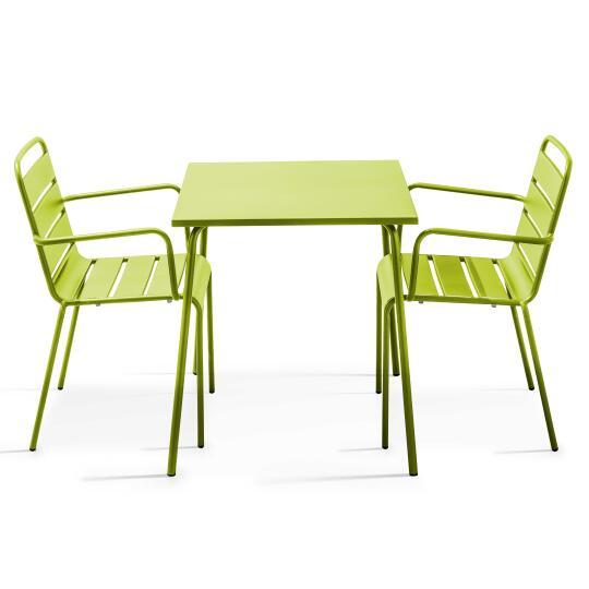 Quadratischer Bistrot-Gartentisch 70 x 70 cm und 2 Metallstühle mit Armlehnen