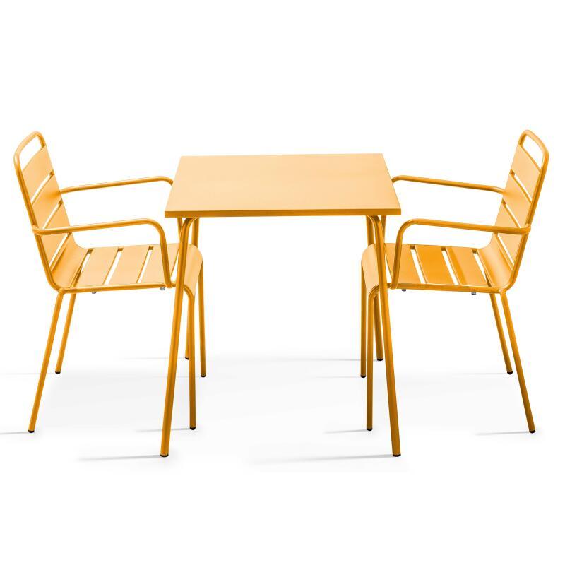 Quadratischer Bistrot-Gartentisch 70 x 70 cm und 2 Metallstühle mit Armlehnen 