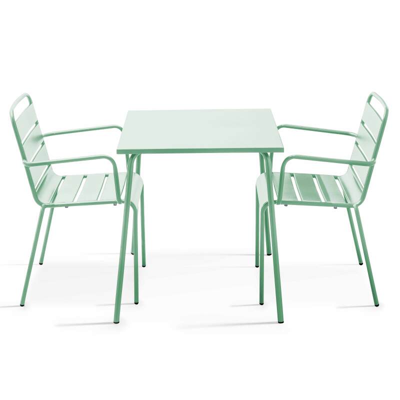 Quadratischer Bistrot-Gartentisch 70 x 70 cm und 2 Metallstühle mit Armlehnen 