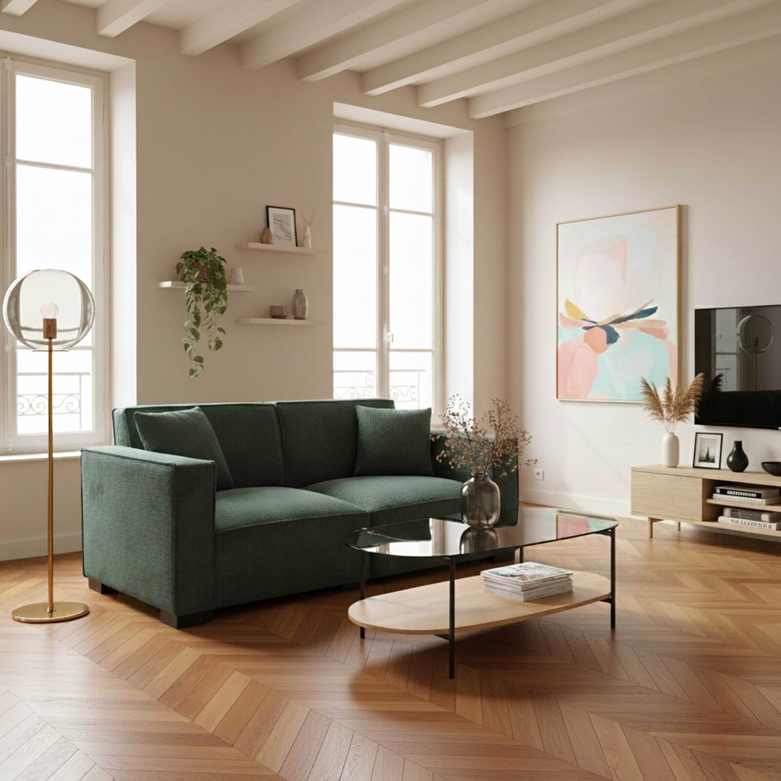 Couchtisch Ovaler aus Glas und Holzoptik 120 x 55 x 40 cm