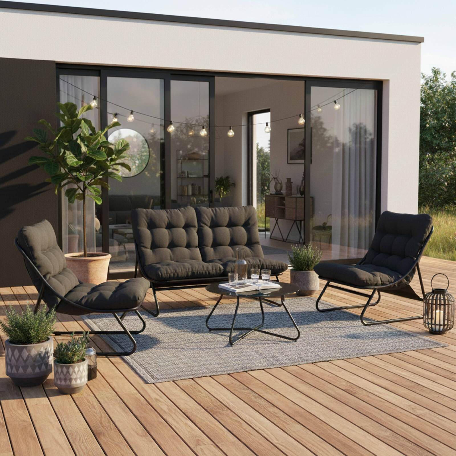 4-Sitzer-Gartenmöbel aus Metall mit 1 Sofa, 2 Sesseln und Couchtisch