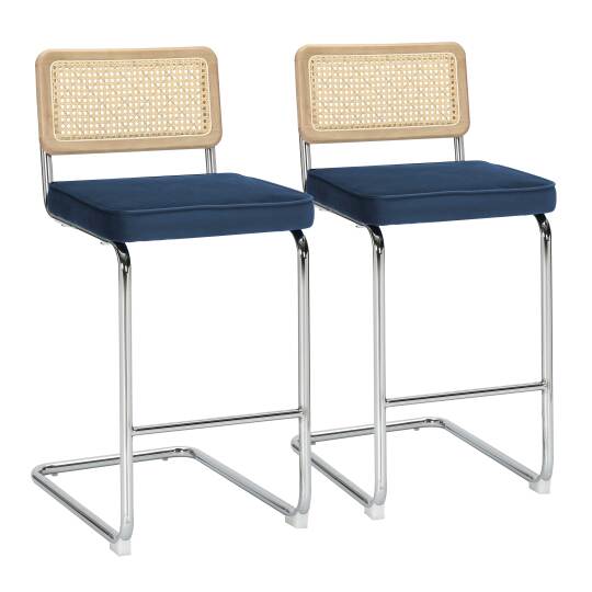 Barstühle aus Samt und Metall mit Rückenlehne im Rohrgeflecht-Stil - 2er-Set | Oviala