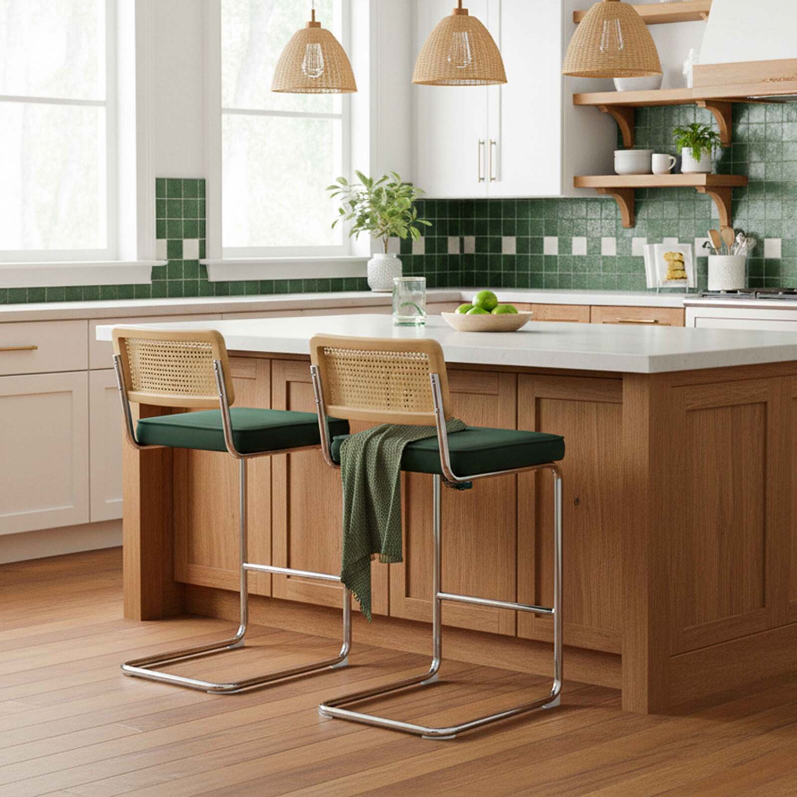 Barstühle aus Samt und Metall mit Rückenlehne im Rohrgeflecht-Stil - 2er-Set