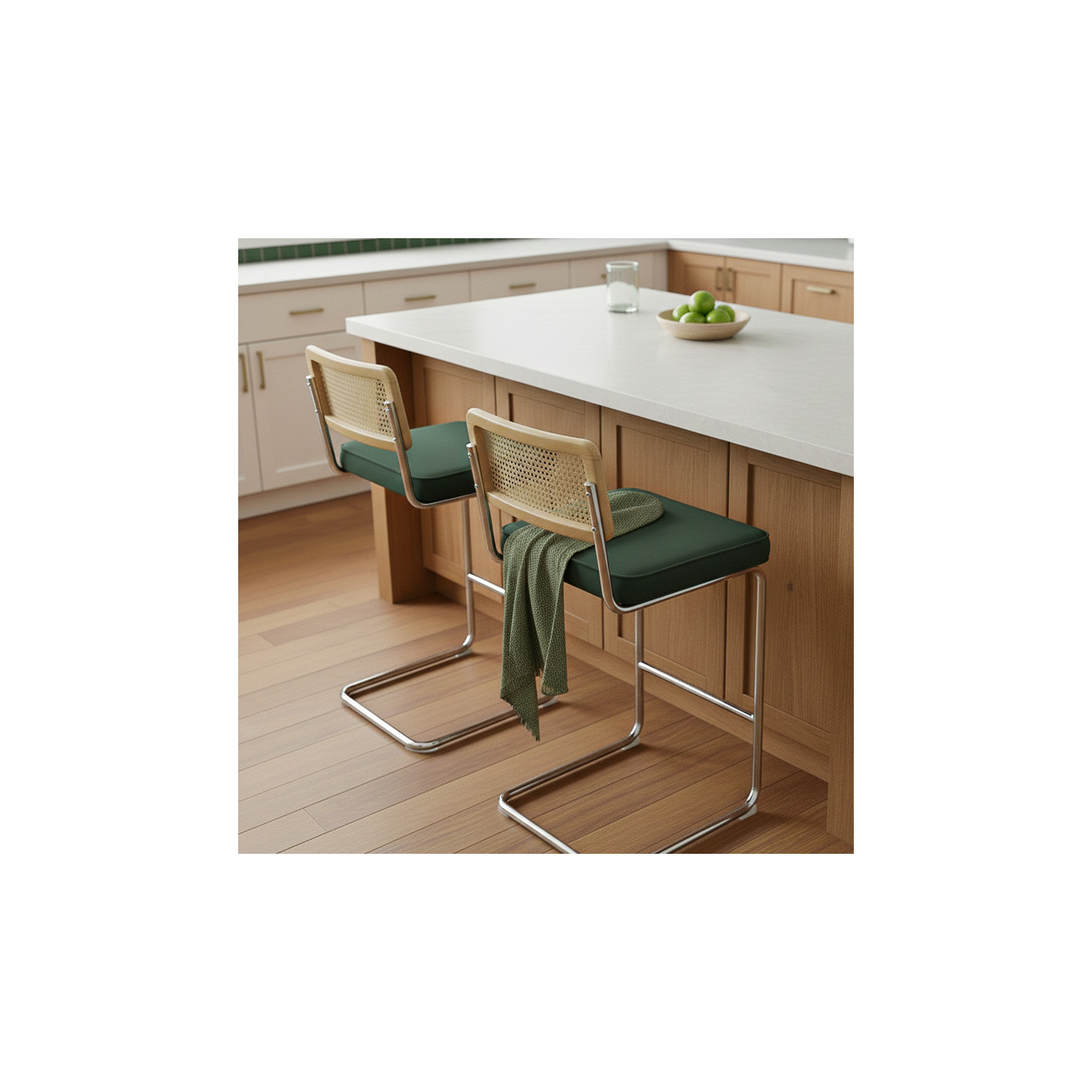 Barstühle aus Samt und Metall mit Rückenlehne im Rohrgeflecht-Stil - 2er-Set