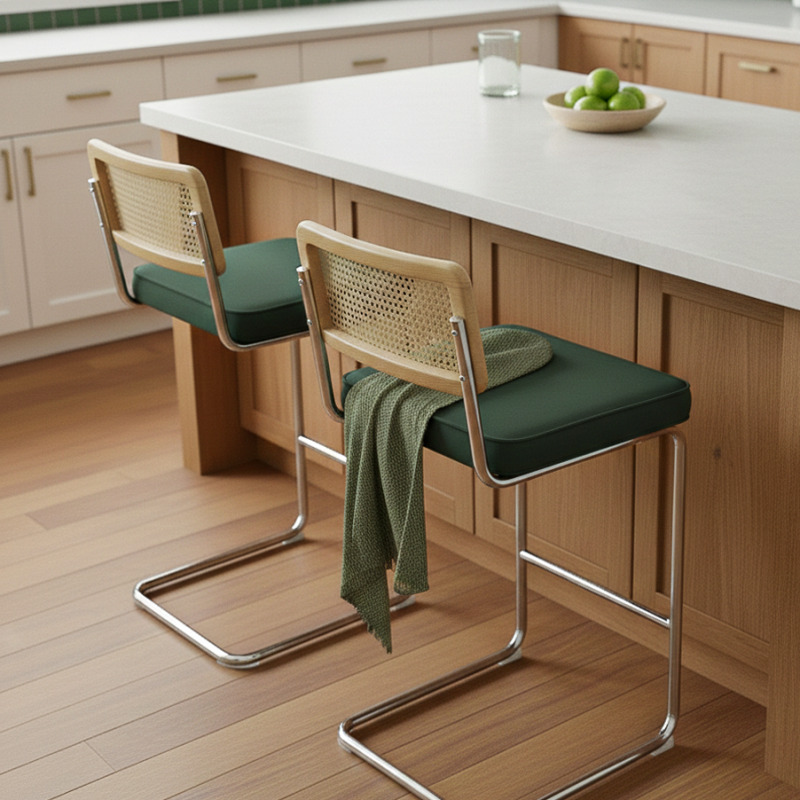 Barstühle aus Samt und Metall mit Rückenlehne im Rohrgeflecht-Stil - 2er-Set (2/8)