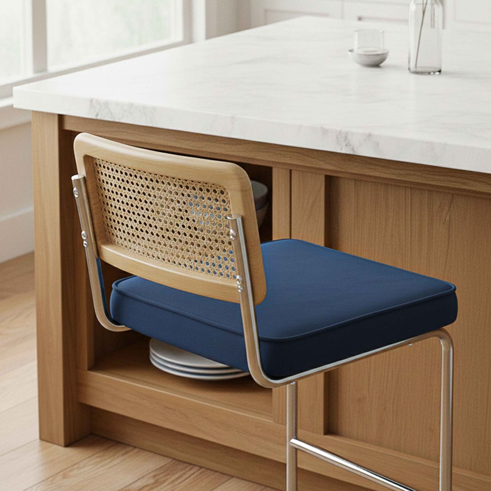 Barstühle aus Samt und Metall mit Rückenlehne im Rohrgeflecht-Stil - 2er-Set