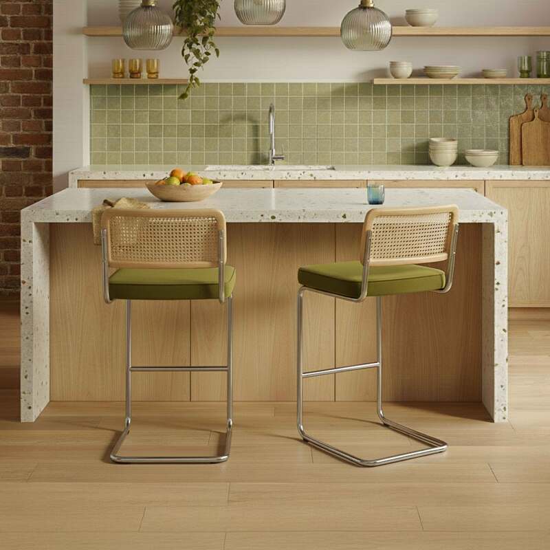 Barstühle aus Samt und Metall mit Rückenlehne im Rohrgeflecht-Stil - 2er-Set