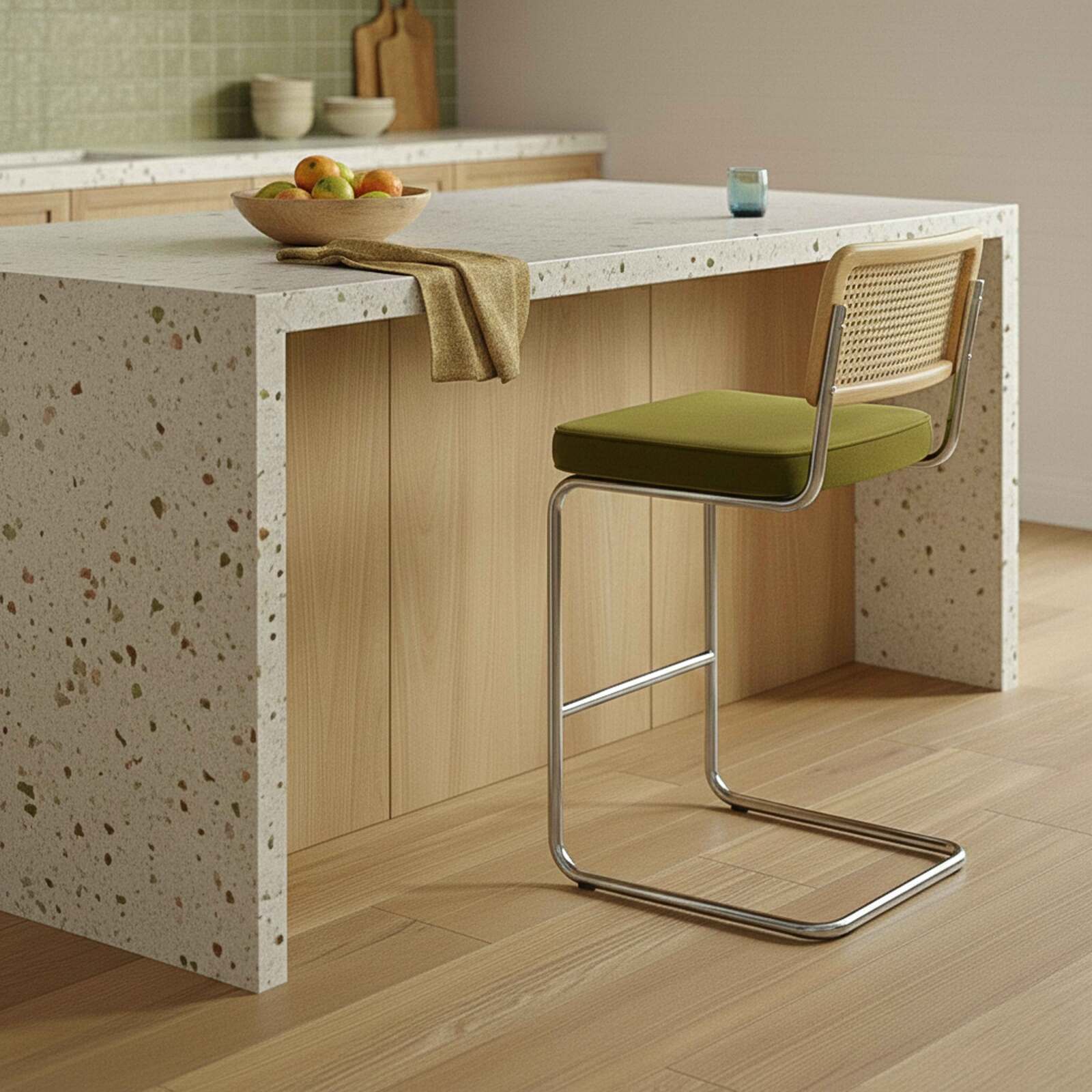 Barstühle aus Samt und Metall mit Rückenlehne im Rohrgeflecht-Stil - 2er-Set