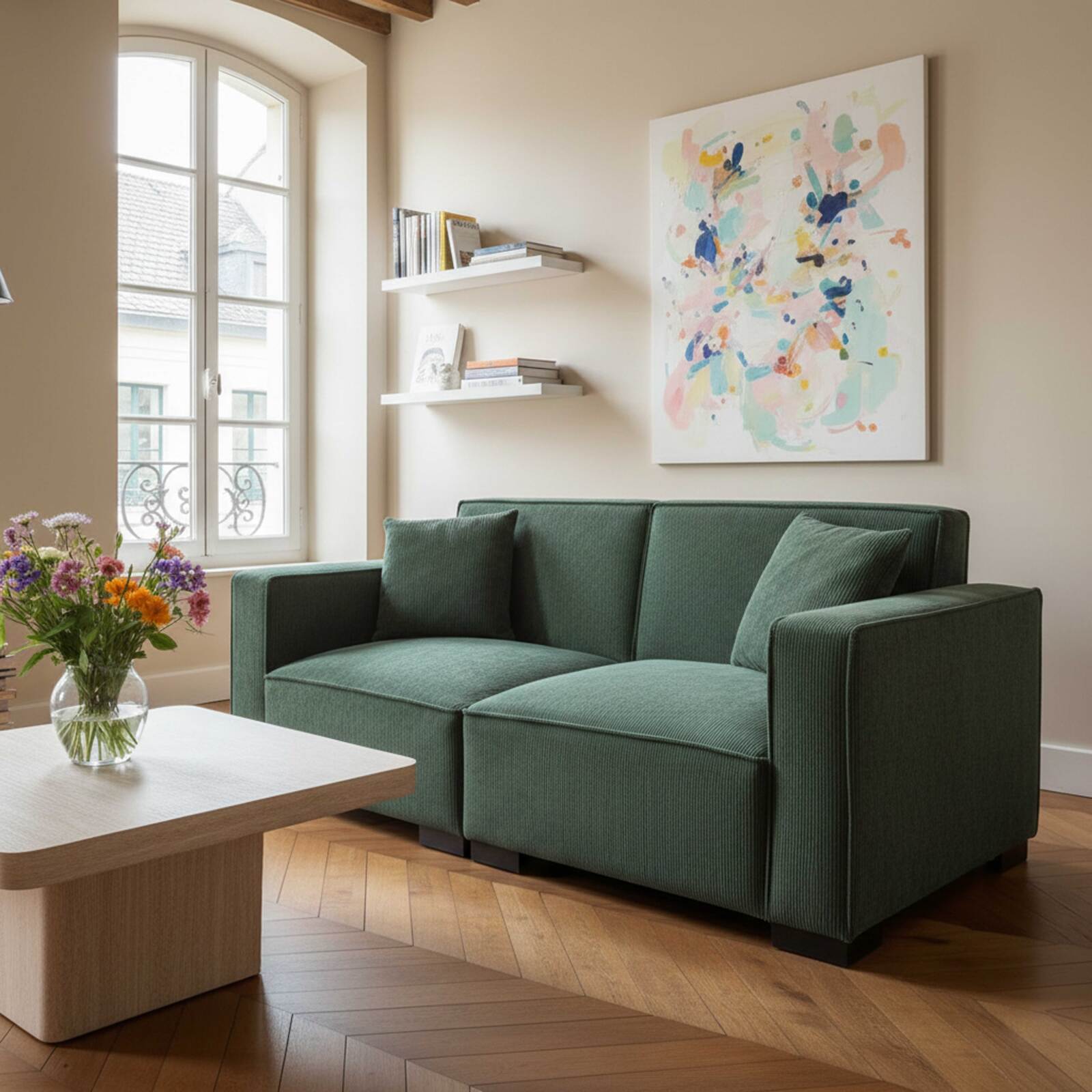 Sofa 2-Sitzer aus Cord mit Kissen