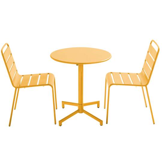 Gartentisch im Bistro-Stil, rund , neigbar, aus Metall mit Einbaufuß, Ø70 cm, und 2 Stühle | Oviala