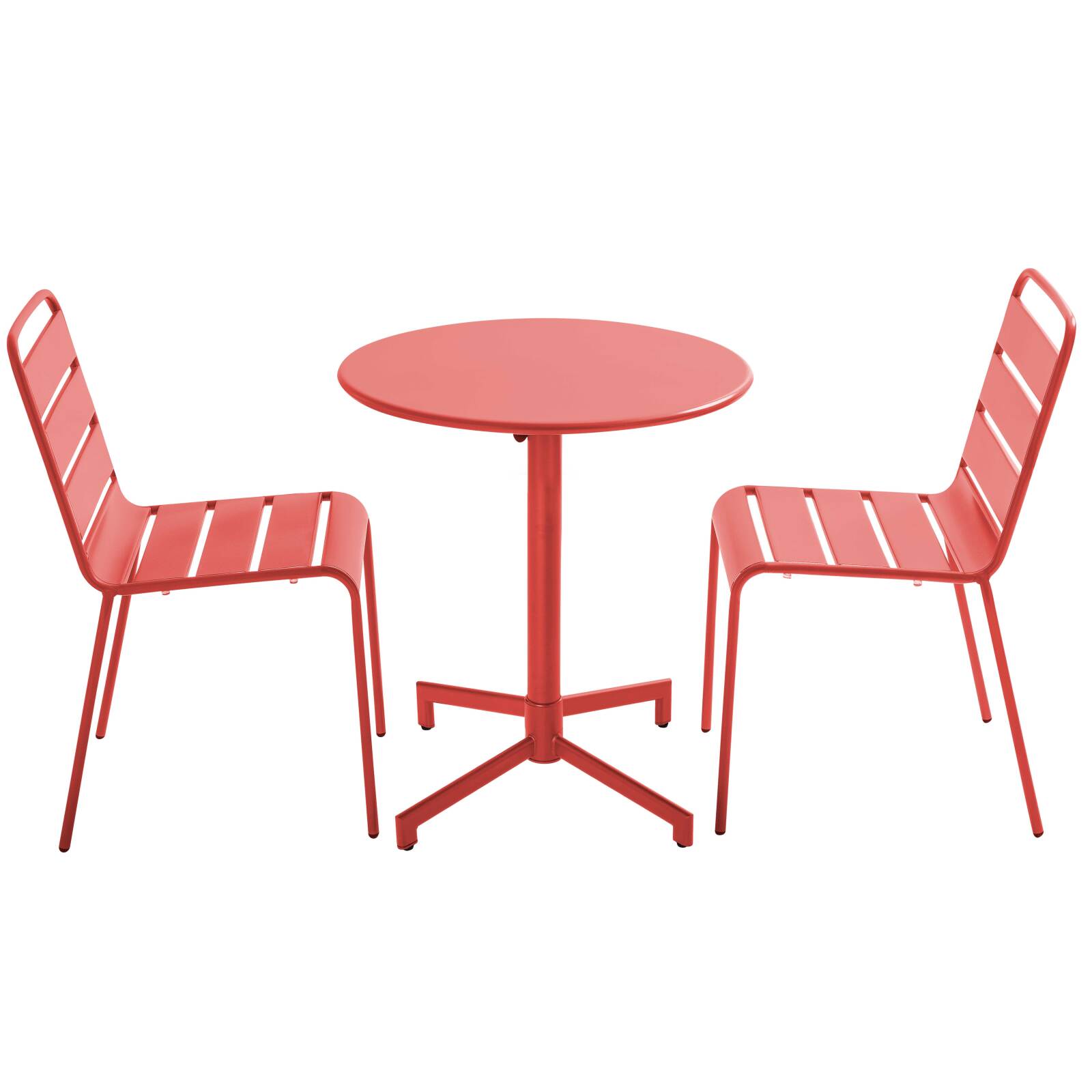 Gartentisch im Bistro-Stil, rund , neigbar, aus Metall mit Einbaufuß, Ø70 cm, und 2 Stühle