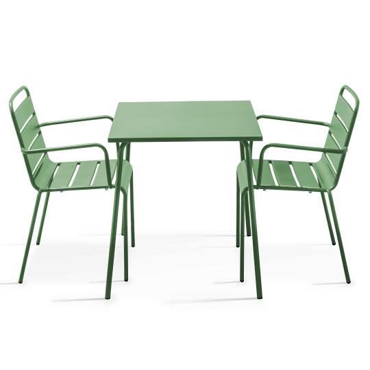 Quadratischer Gartentisch und 2 stapelbare Metallstühle | Oviala