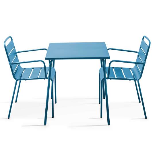 Quadratischer Bistrot-Gartentisch 70 x 70 cm und 2 Metallstühle mit Armlehnen