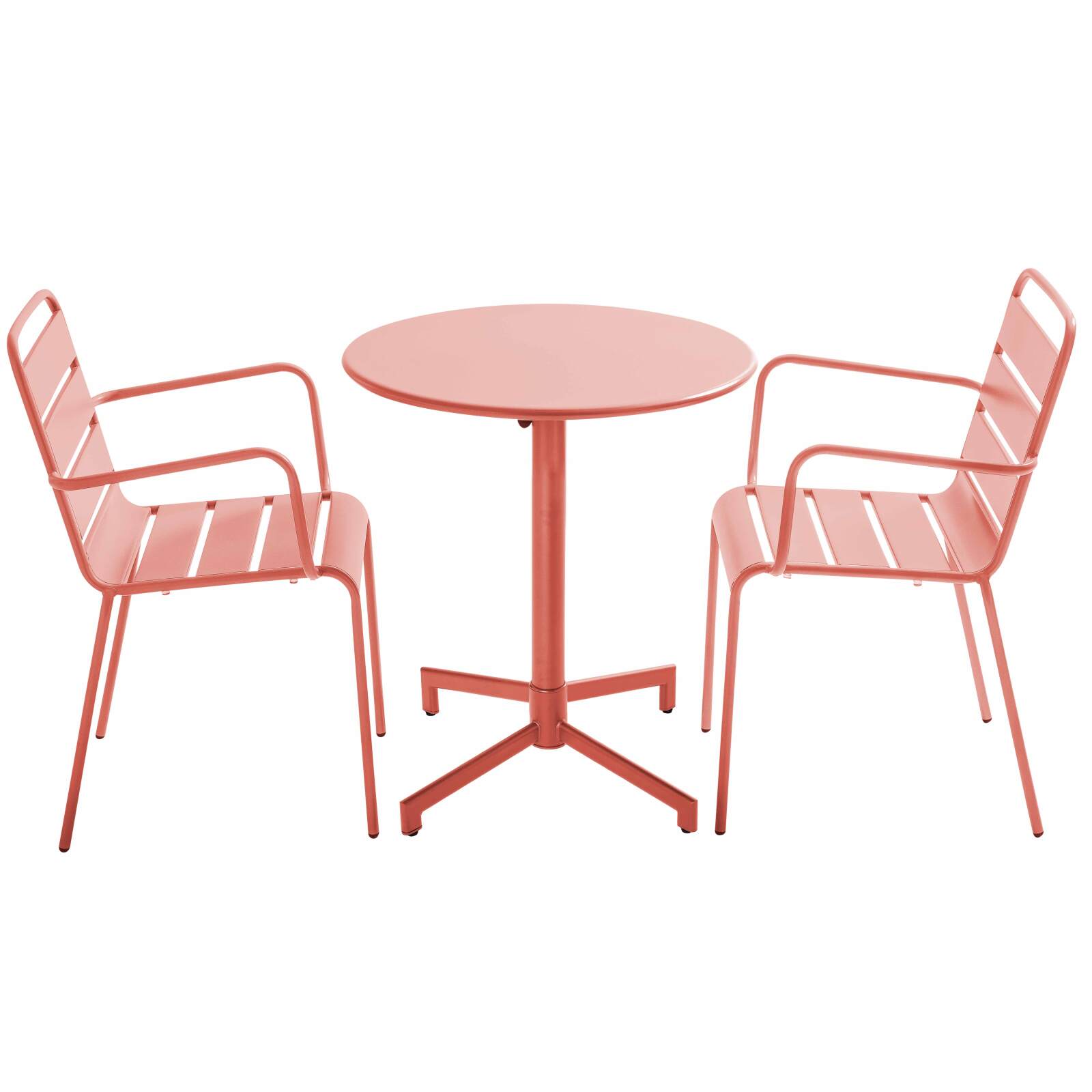 Gartentisch im Bistro-Stil, rund, neigbar, aus Metall mit Einbaufuß, 70x70 cm, und 2 Stühle mit Armlehnen
