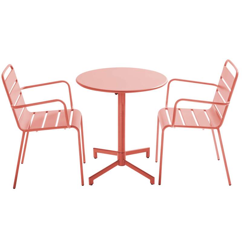 Gartentisch im Bistro-Stil, rund, neigbar, aus Metall mit Einbaufuß, 70x70 cm, und 2 Stühle mit Armlehnen