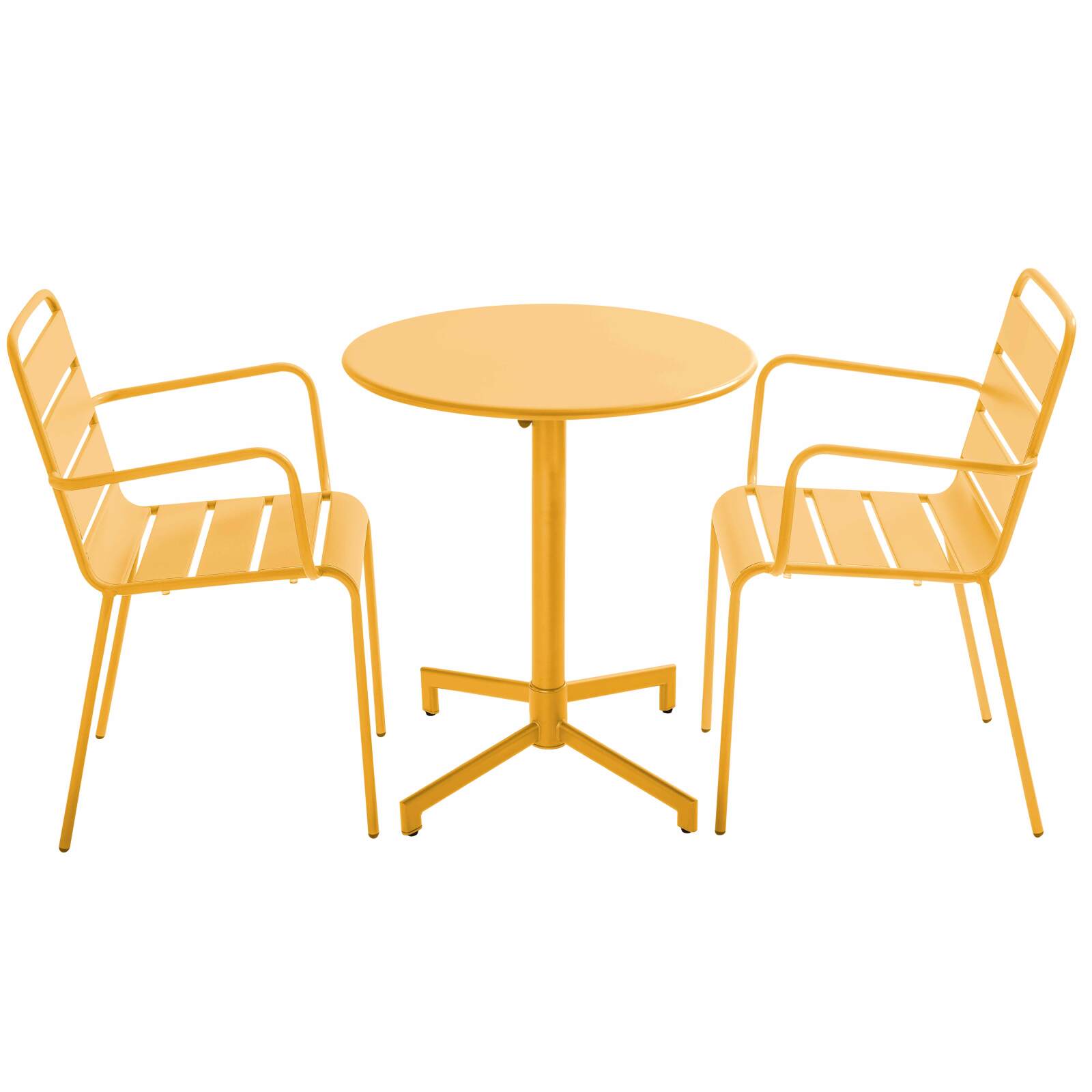 Gartentisch im Bistro-Stil, rund, neigbar, aus Metall mit Einbaufuß, 70x70 cm, und 2 Stühle mit Armlehnen