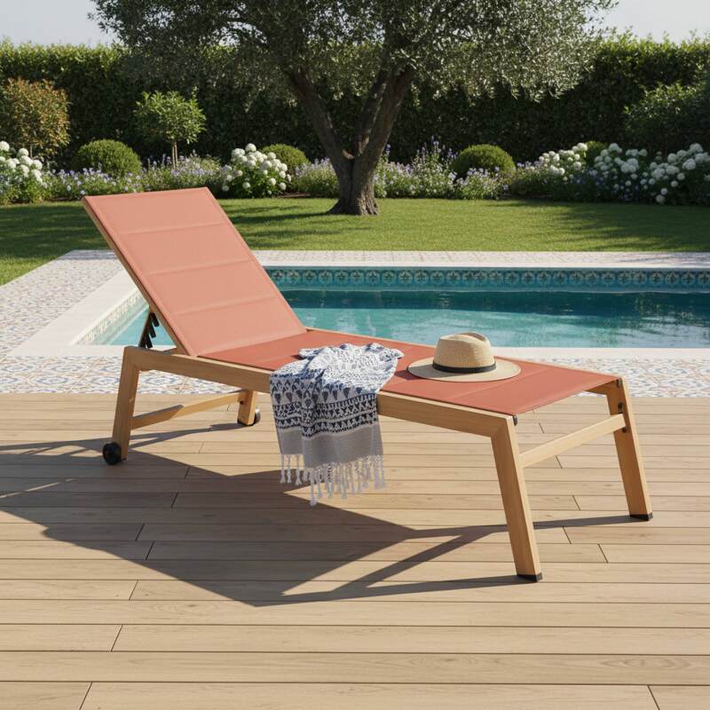 Sonnenliegen aus Aluminium in Holzoptik und Textilene 5-fach verstellbar mit Rollen - 2er-Set