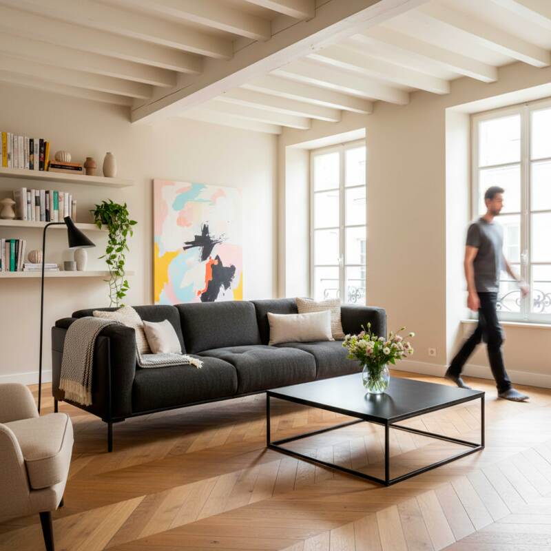 Sofa 4-Sitzer aus Leder und meliertem Stoff