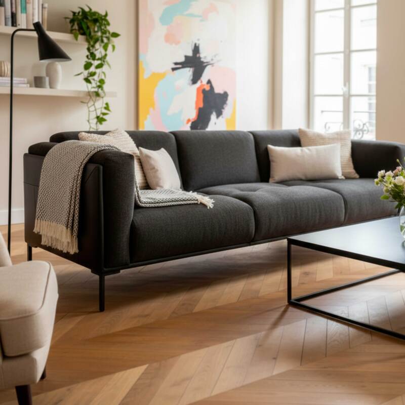 Sofa 4-Sitzer aus Leder und meliertem Stoff (2/8)