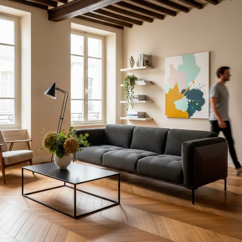 Sofa 4-Sitzer aus Leder und meliertem Stoff (7/8)