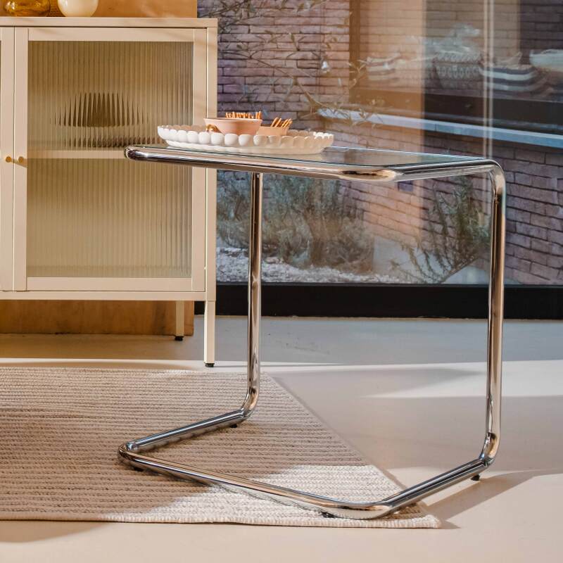 Beistelltisch quadratisch, aus gehärtetem Glas, 50x46 cm