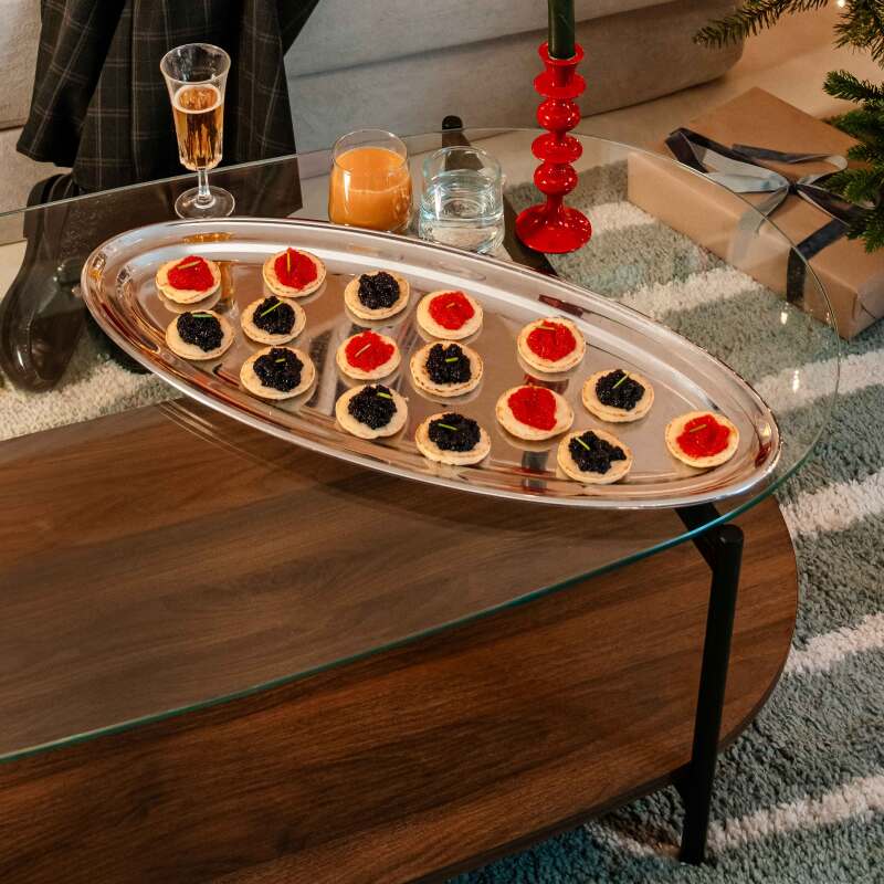 Couchtisch Ovaler ,aus Glas und dunkler Holzoptik, 120 x 55 x 40 cm (3/8)