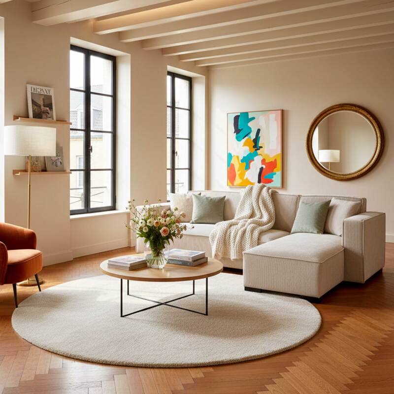 Ecksofa 3-Sitzer aus Cord mit Chaiselongue rechts und Kissen