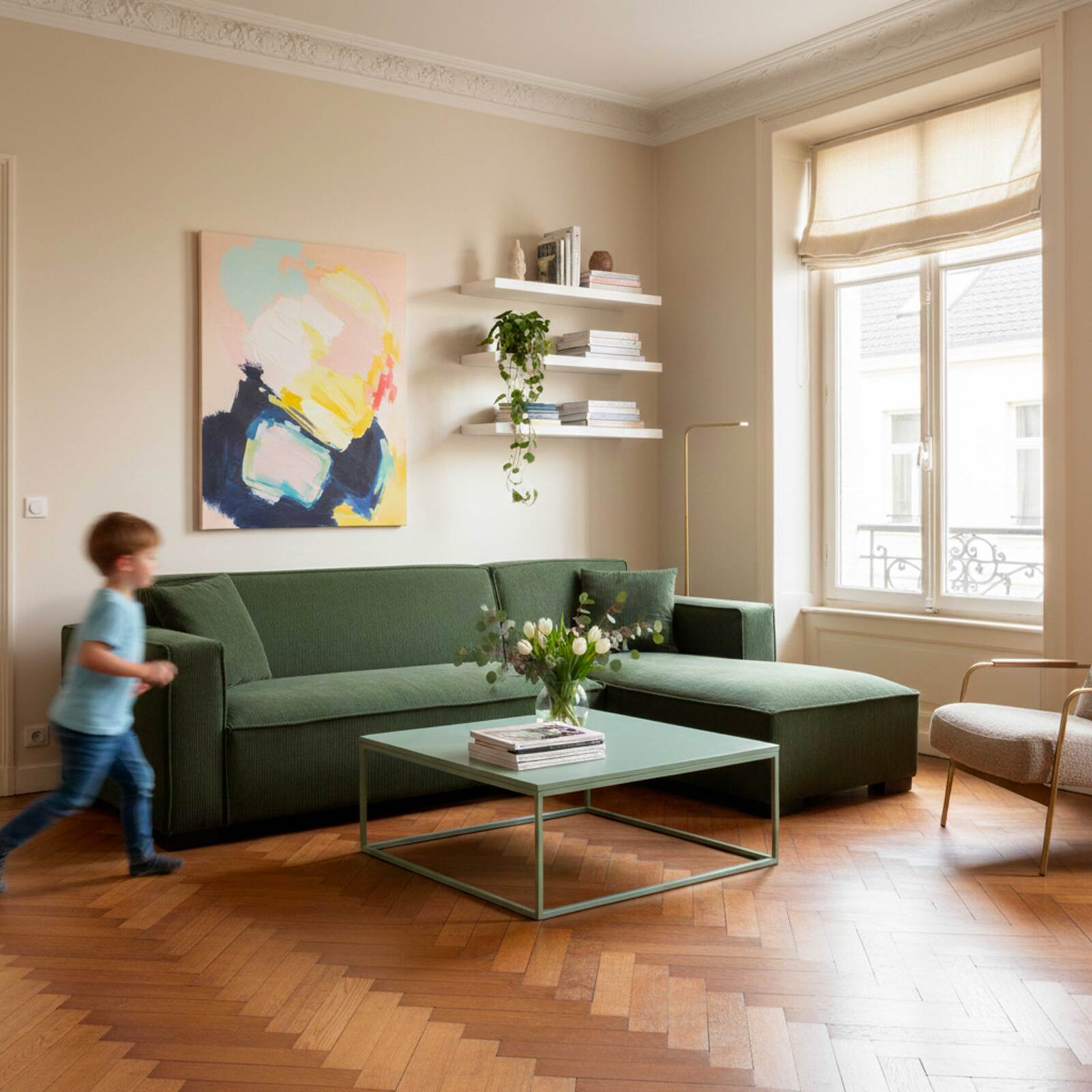 Ecksofa 3-Sitzer aus Cord mit Chaiselongue rechts und Kissen