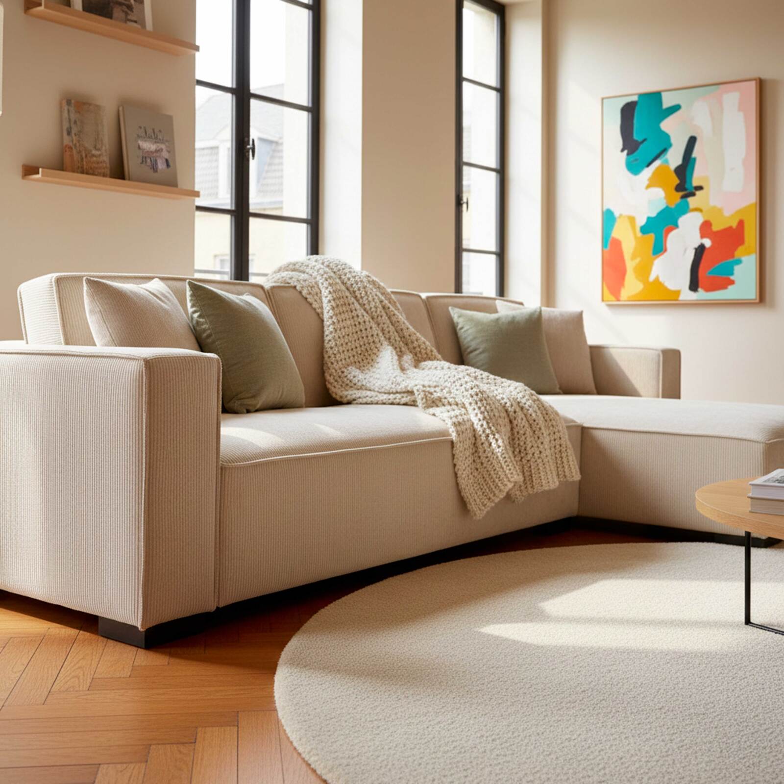 Ecksofa 3-Sitzer aus Cord mit Chaiselongue rechts und Kissen