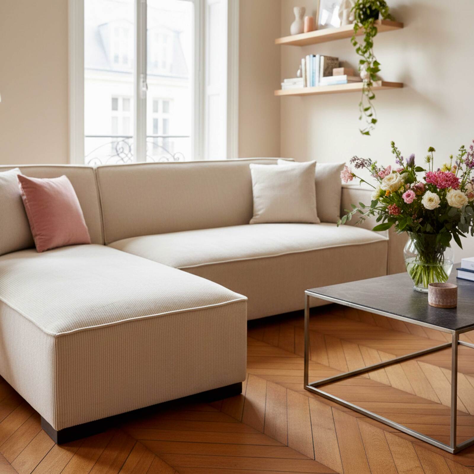 Ecksofa 3-Sitzer aus Cord mit Chaiselongue links und Kissen