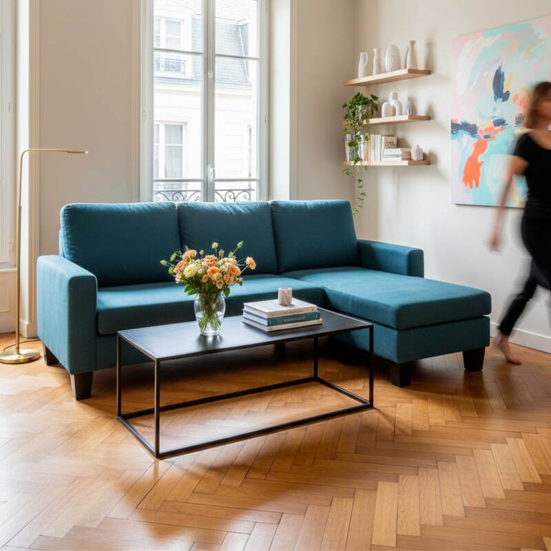 Ecksofa 3-Sitzer aus Stoff mit Chaiselongue rechts und Kissen (6/7)