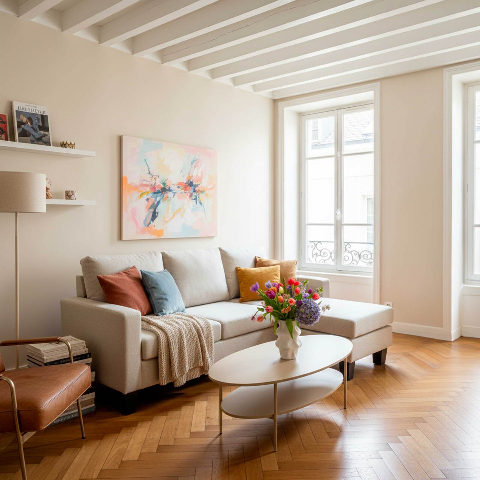 Ecksofa 3-Sitzer aus Stoff mit Chaiselongue rechts und Kissen