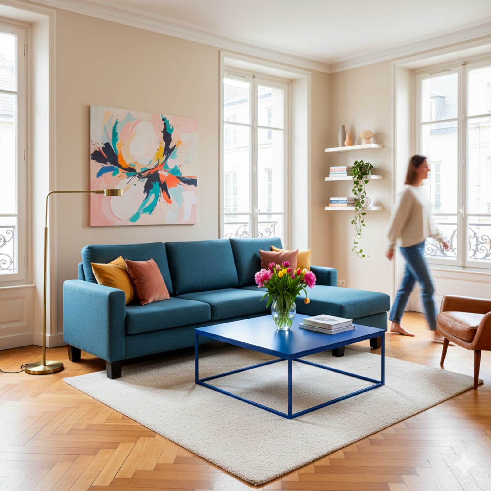 Ecksofa 3-Sitzer aus Stoff mit Chaiselongue rechts und Kissen