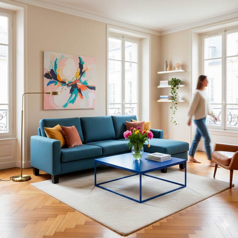 Ecksofa 3-Sitzer aus Stoff mit Chaiselongue rechts und Kissen