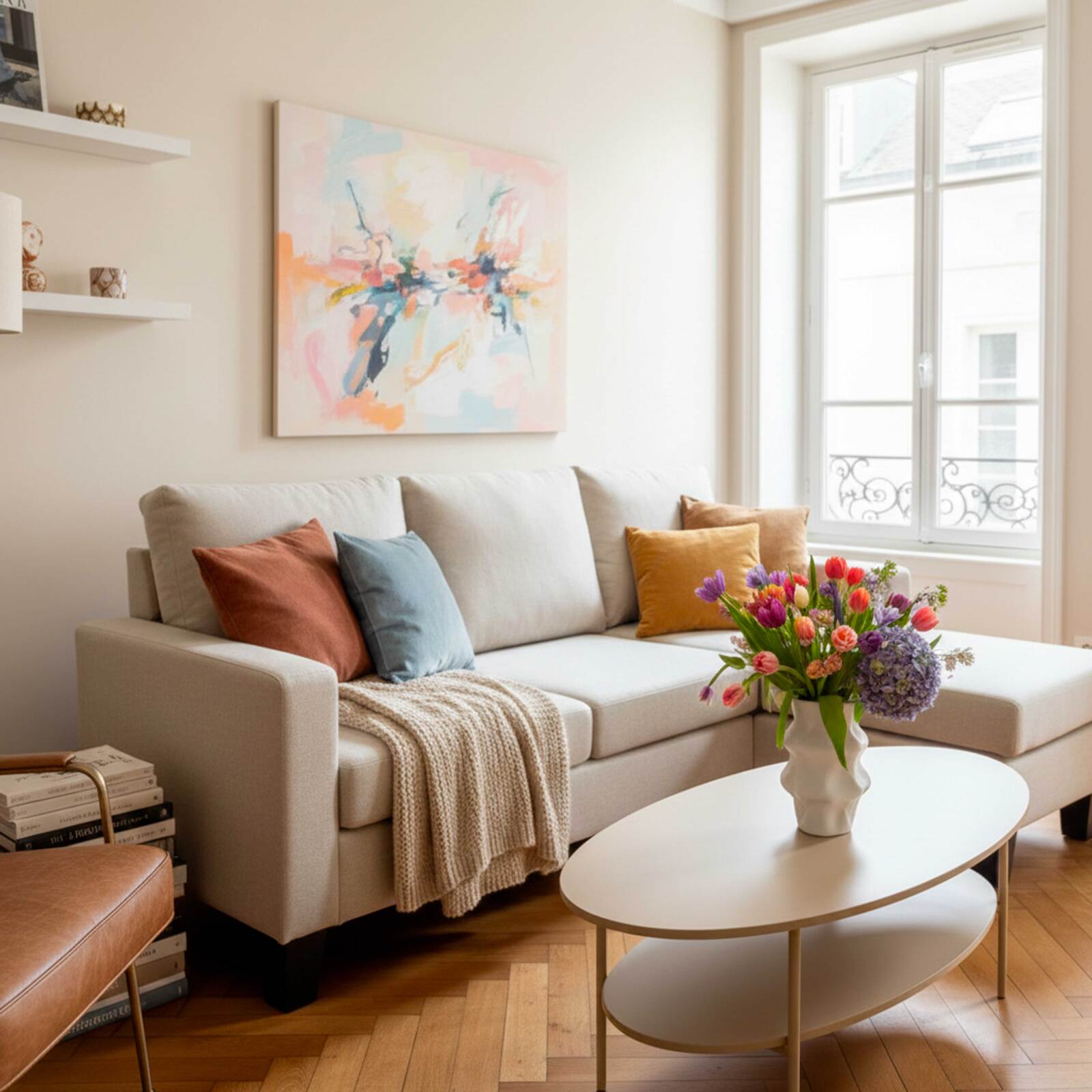 Ecksofa 3-Sitzer aus Stoff mit Chaiselongue rechts und Kissen