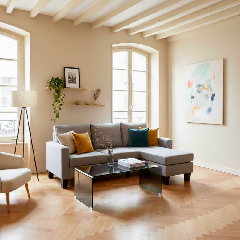 Ecksofa 3-Sitzer aus Stoff mit Chaiselongue rechts und Kissen (2/7)