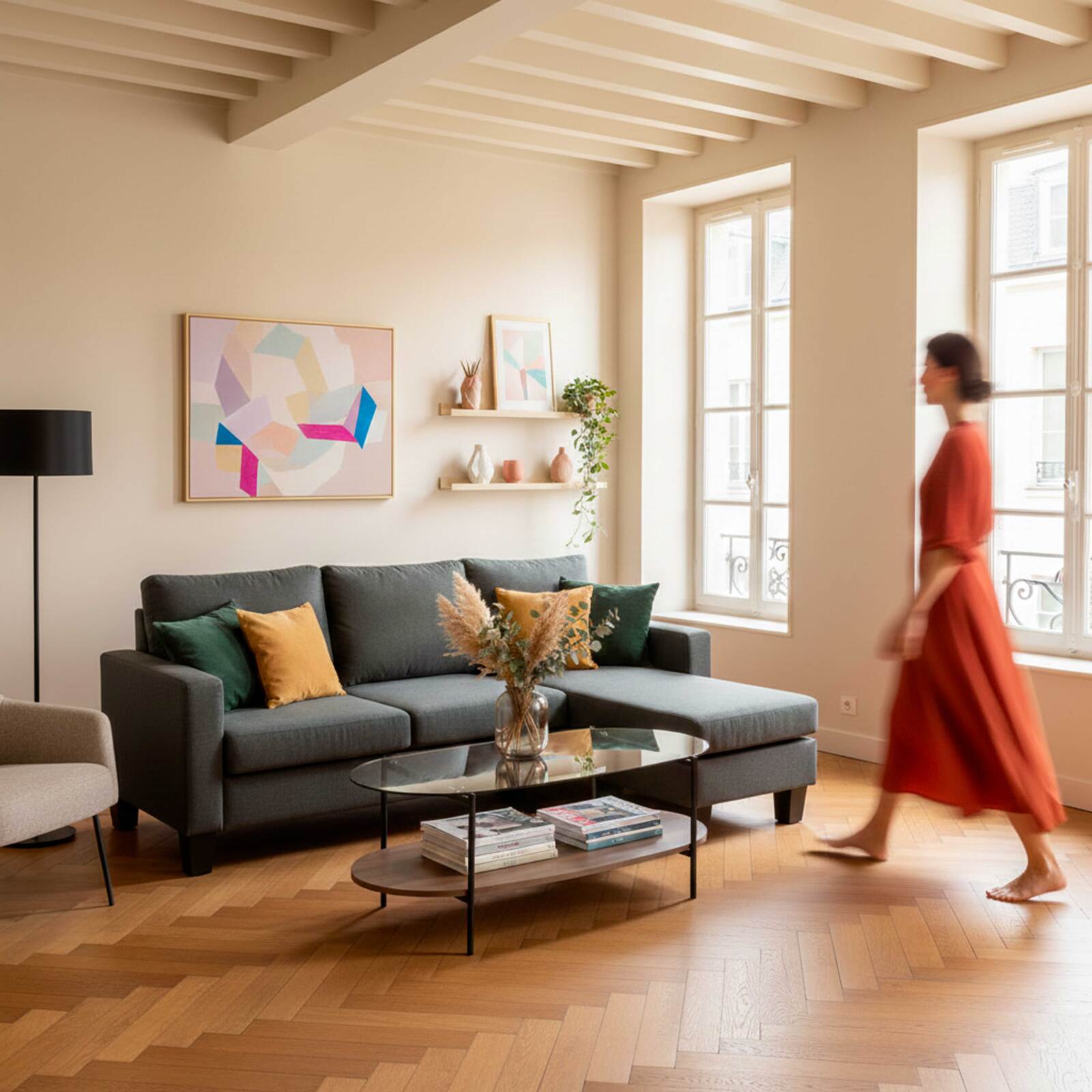 Ecksofa 3-Sitzer aus Stoff mit Chaiselongue rechts und Kissen