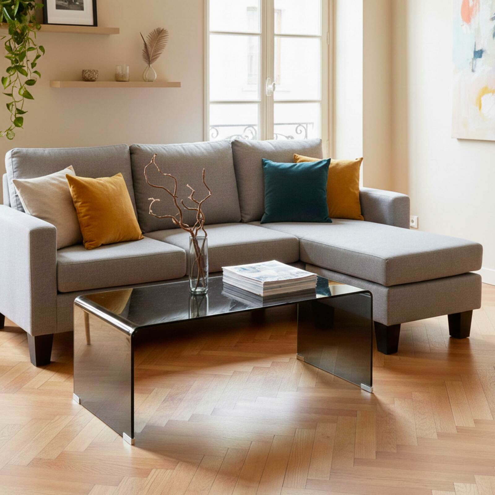 Ecksofa 3-Sitzer aus Stoff mit Chaiselongue rechts und Kissen