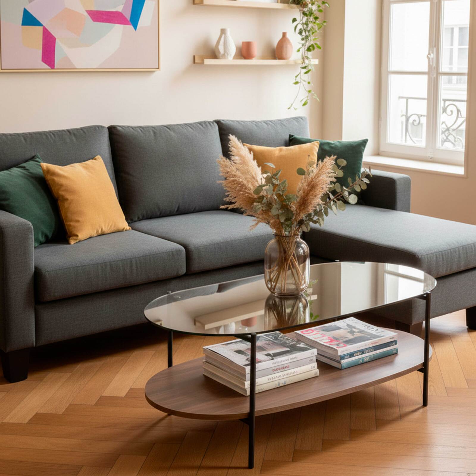 Ecksofa 3-Sitzer aus Stoff mit Chaiselongue rechts und Kissen